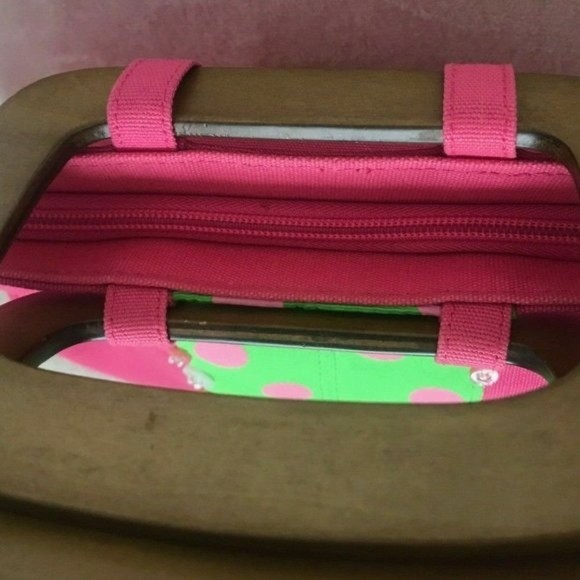 Madison Studio Polka Dots Purse Clutch Wooden Handles Pink Green Embellished - Picture 9 of 9